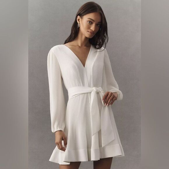 NWOT Milly Liv Long-Sleeve V-Neck Pleated Belted Mini Dress, size US6/UK10 - Picture 2 of 15